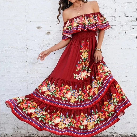 Off-Shoulder Floral Printed Dress - Picture 1 of 5